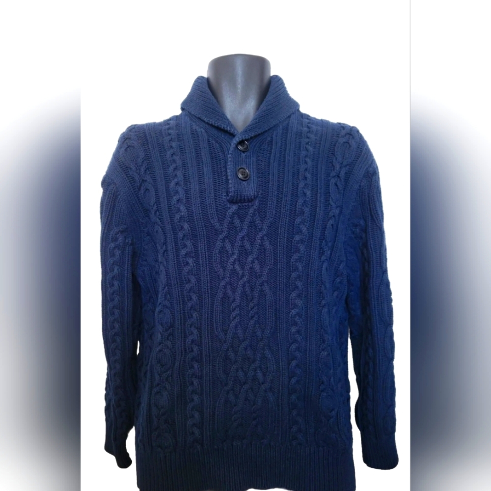 J. CREW  Shawl Collar 2 Button Cableknit Pullover Sweater Blue SZ XL Men's